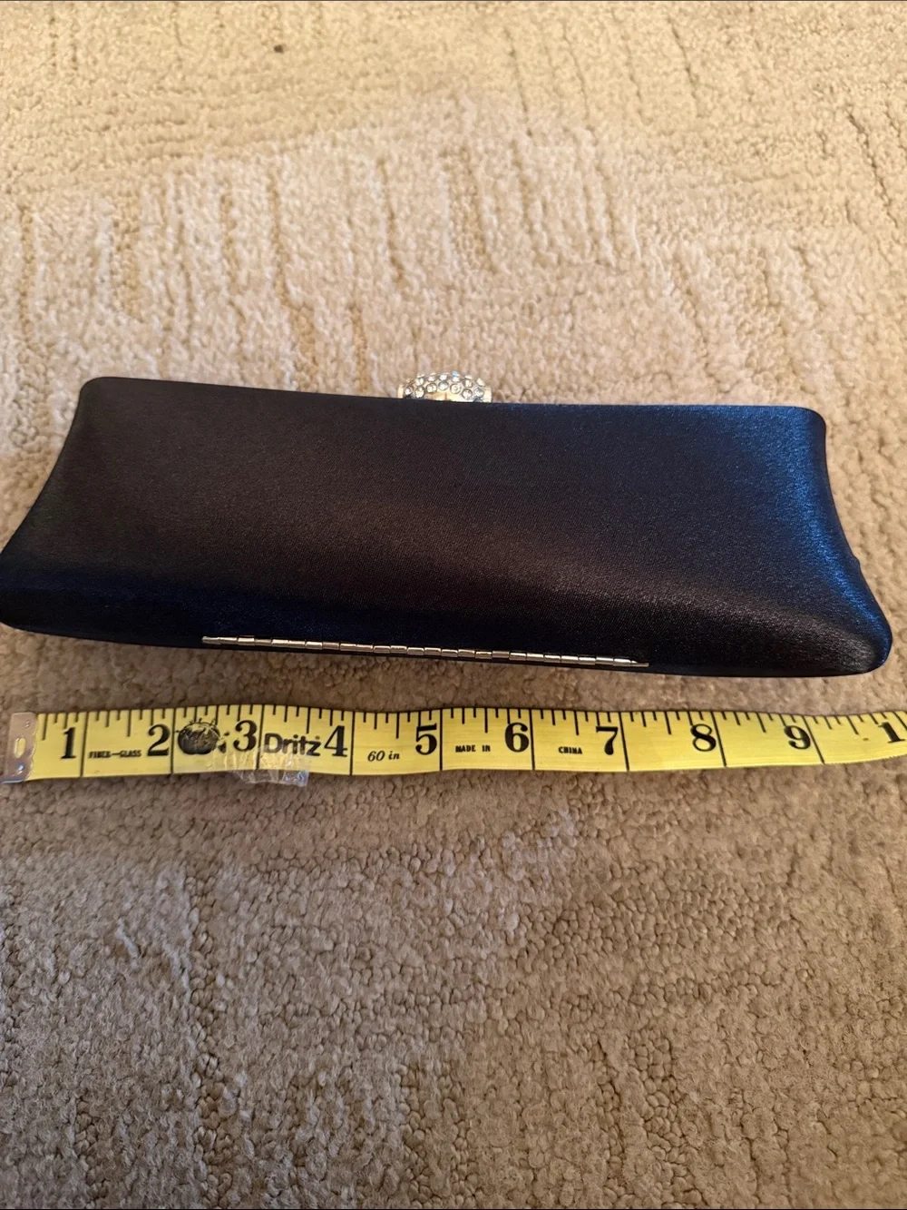 Small Black Satin Evening Clutch with Crystal Accent